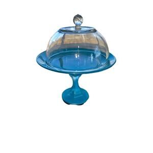 Clear Glass Cloche Dome with blue Pedestal Stand•Cupcake Cake Treat Display